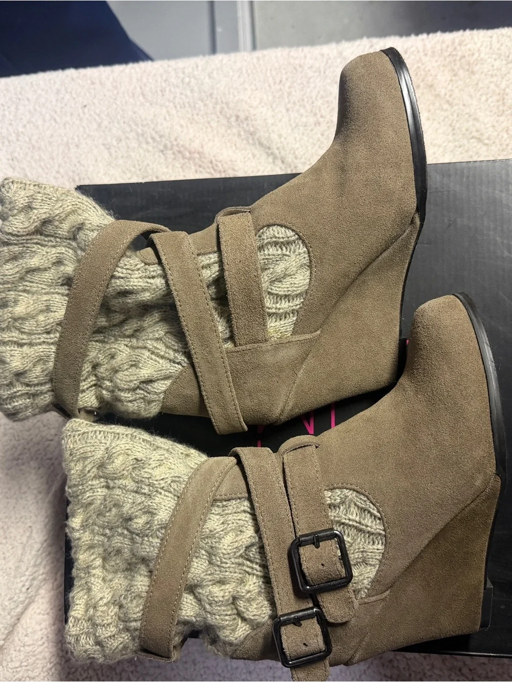 Material Girl Beige/Taupe Wedge Booties with Knit Cuff